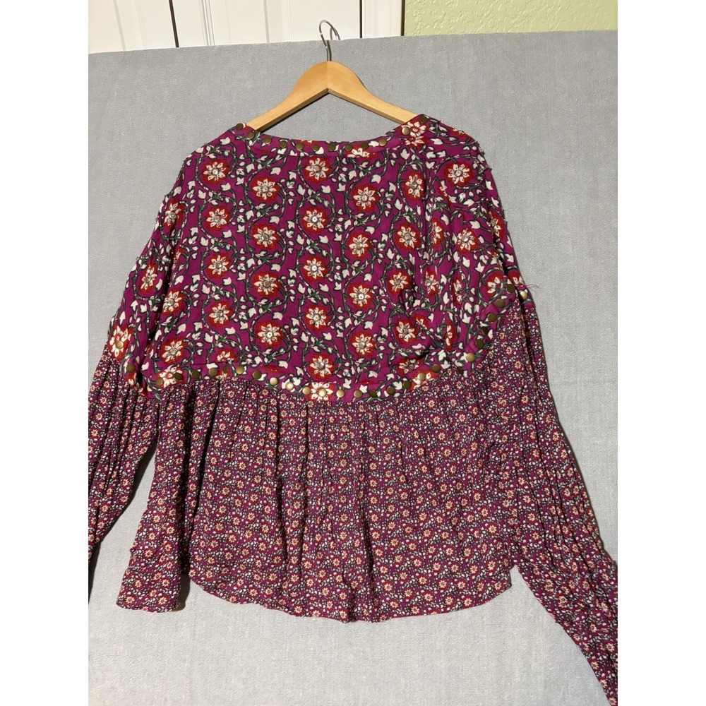 FREE PEOPLE Women Multicolor Long Flare Sleeve Boho Peasant Style Blouse Sz L - Picture 13 of 15